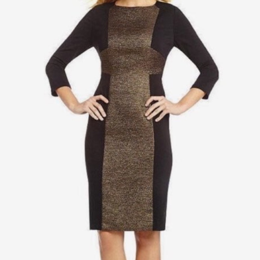 Antonio Melani Wool Blend Maya Sheath Dress 6 Black Gold 3/4 Sleeve Midi Length